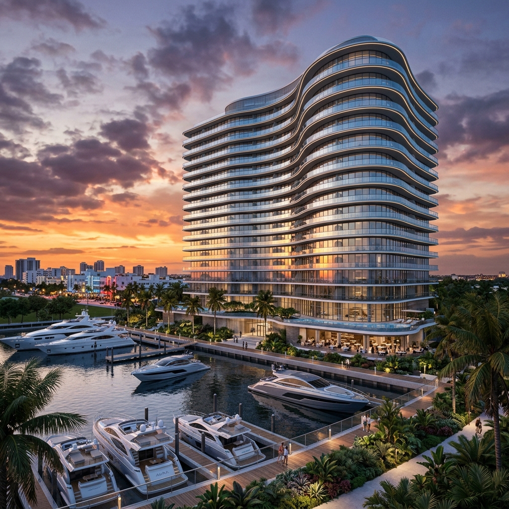 Aura Exterior Facade - View from Waterway